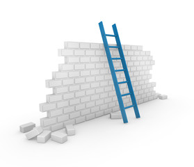 3D Brick Wall With A Blue Ladder
