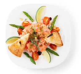 Salmon carpaccio in plate isolated on white