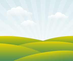 Obraz premium Spring Day. Green fields in sun rays. Vector, eps10.