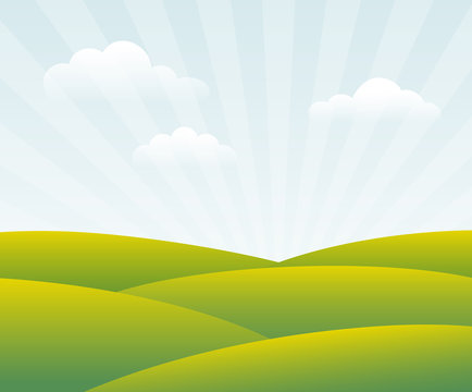 Spring Day. Green Fields In Sun Rays. Vector, Eps10.