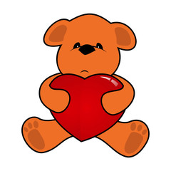Sad teddy bear holds a big red heart