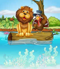 Fototapeten Ein Löwe und ein Truthahn über einem schwimmenden Rüssel © GraphicsRF