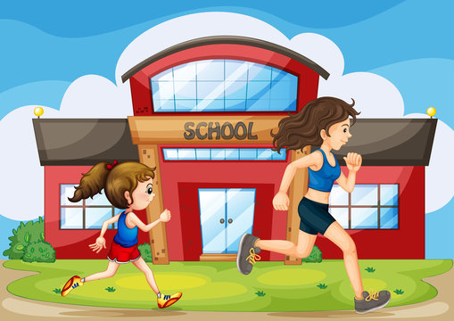 A kid and a woman running in front of the school