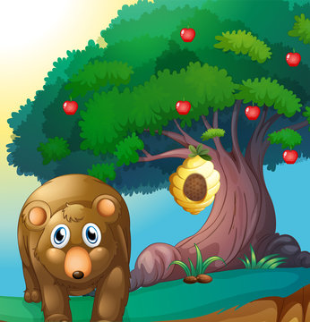 A bear and an apple tree with a beehive