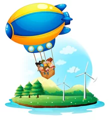Foto op Plexiglas Een luchtschip met kinderen die over een eiland vliegen © GraphicsRF