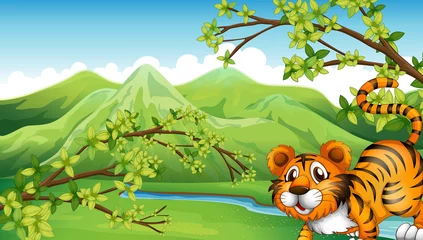 Foto op Canvas Een tijger met uitzicht op de bergen aan de achterkant © GraphicsRF