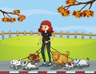 Foto op Plexiglas Honden Een dame in het park aan het wandelen met haar huisdieren