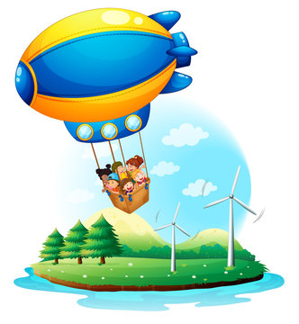 recommend clip art: An airship with kids passing over an island