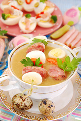 easter white borscht with quail eggs and sausage