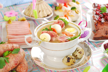 easter white borscht with quail eggs and sausage in a glass
