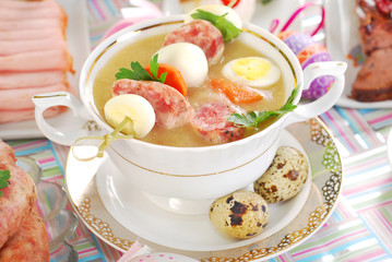easter white borscht with quail eggs and sausage in a glass