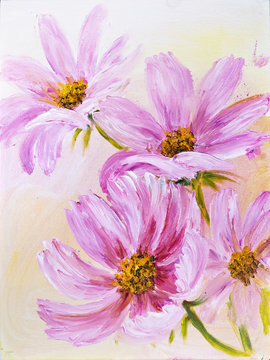 Cosmos Flowers, oil painting on canvas