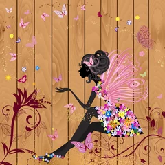 Fotobehang Bloemenmeisje Flower Fairy op een houtstructuur voor uw ontwerp