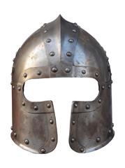 Helmet Of A Medieval Suit Of Armour On A White Background