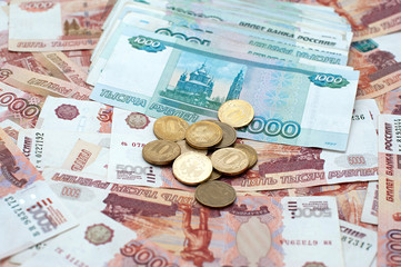 Russian rubles banknotes and coins