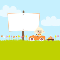 Fototapeta premium Sheep In Meadow Driving Car Easter Eggs Label