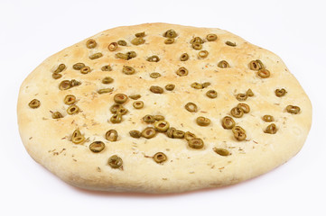 Round Focaccia bread with olives