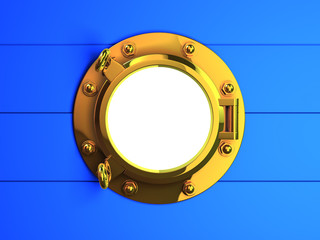 Brass porthole in blue wooden hull of ship