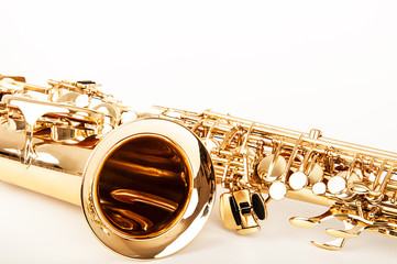 Closeup of a golden saxophone