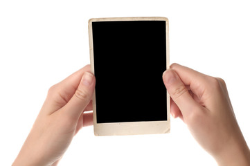 women hand holding old photo