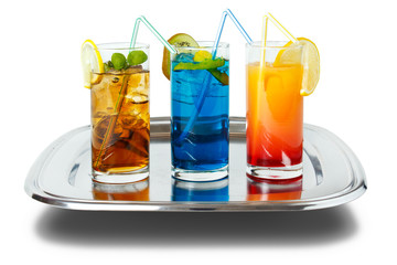 Three  long drinks on tray , isolated with shadow