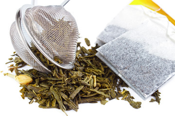 Dry tea with strainer and tea bags