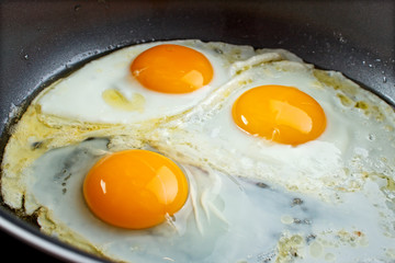 Fried eggs in a pan closeup