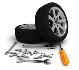 Wheel and Tools. Car service. Isolated 3D image