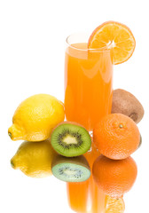 juice and fresh fruit on a white background