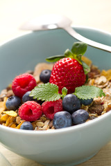 Müsli mit Beeren in blauer Schale