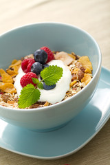 Müsli mit Beeren in blauer Schale