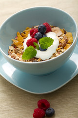 Müsli mit Beeren in blauer Schale