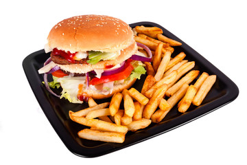Hamburger with fries isolated on white background