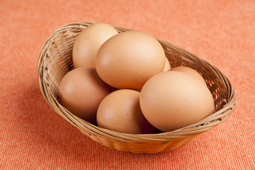 easter eggs in a bascket on orange background