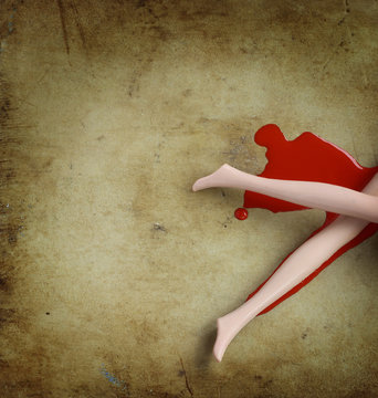 Crime scene imitation. Woman found lying in a pool of blood