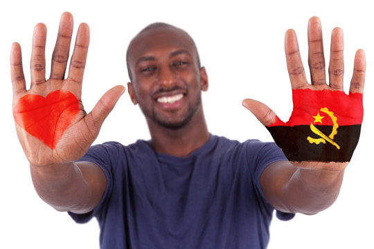 African man hands with a painted heart and angolan flag, i love