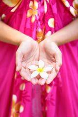 Hawaiian flower in cupped hands
