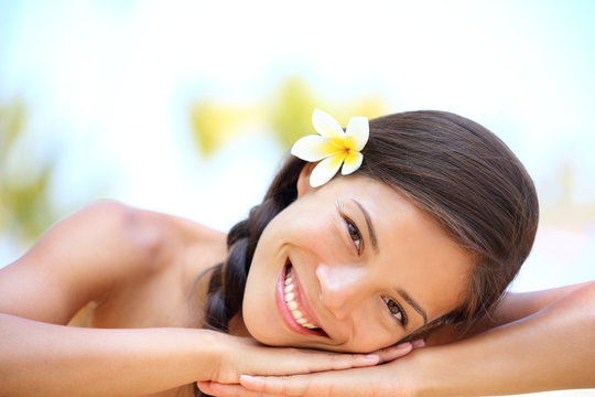 Fototapeta Woman natural beauty relaxing at outdoor spa