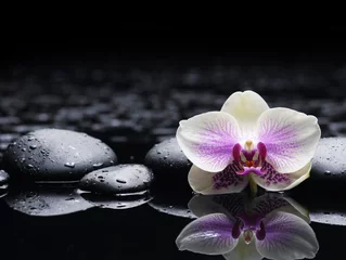 Schilderijen op glas Beautiful white orchid with zen stones on wet black background © Mee Ting