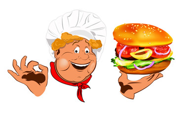 Funny Chef and best big traditional hamburger
