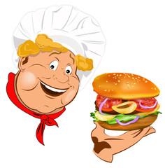 Funny Chef and best big traditional hamburger.Vector