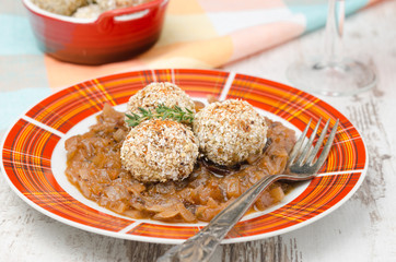 Chicken meatballs in onion sauce, horizontal