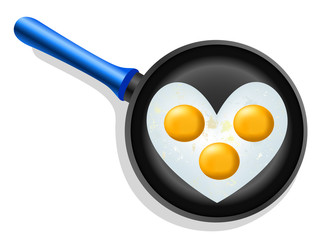 scrambled eggs in a heart shape in a frying pan