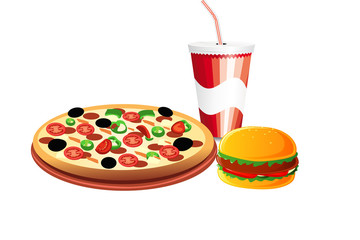 Pizza hamburger and solf drink