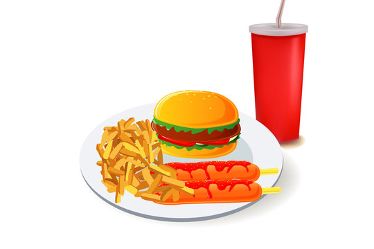 hamburger with snack and soft drink
