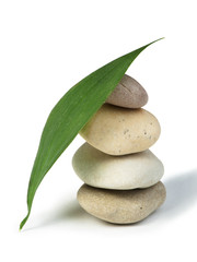 Fototapeta premium Stacked stones and green leafs