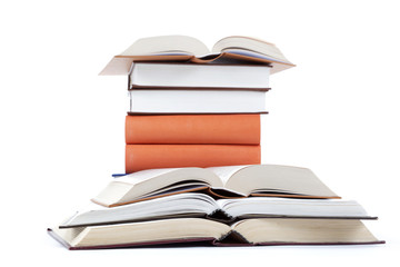 A stack of books on a white background.
