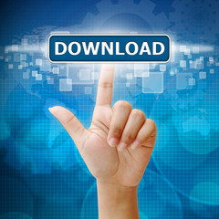 Hand woman press on touch screen interface download button