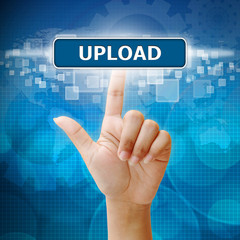 Hand woman press on touch screen interface upload button