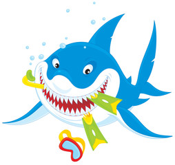 Great white shark with flippers, mask and snorkel